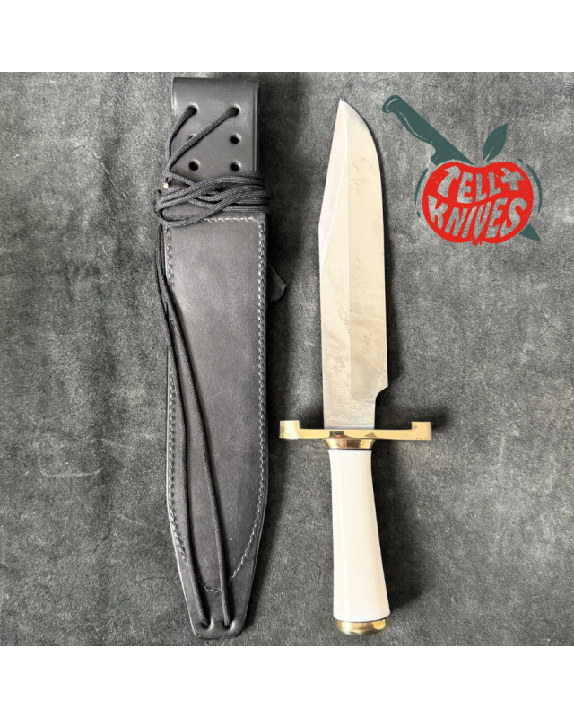 Randall Made Knives Model 12-9 Sportsman Bowie 14 grind forged carbon steel Ivorite handle brass guard black leather sheath