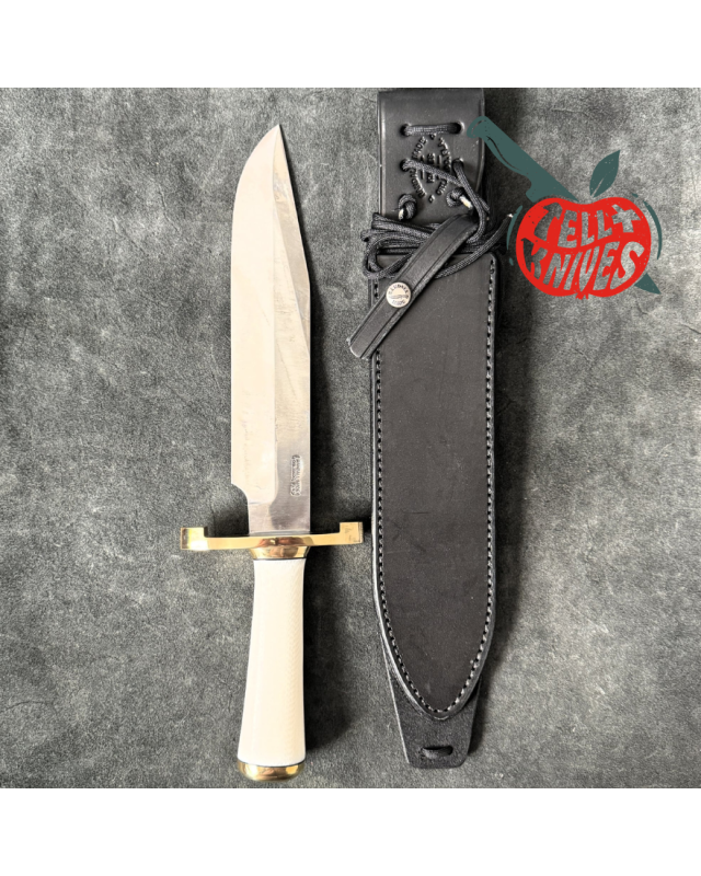Randall Made Knives Model 12-9 Sportsman Bowie 14 grind forged carbon steel Ivorite handle brass guard black leather sheath