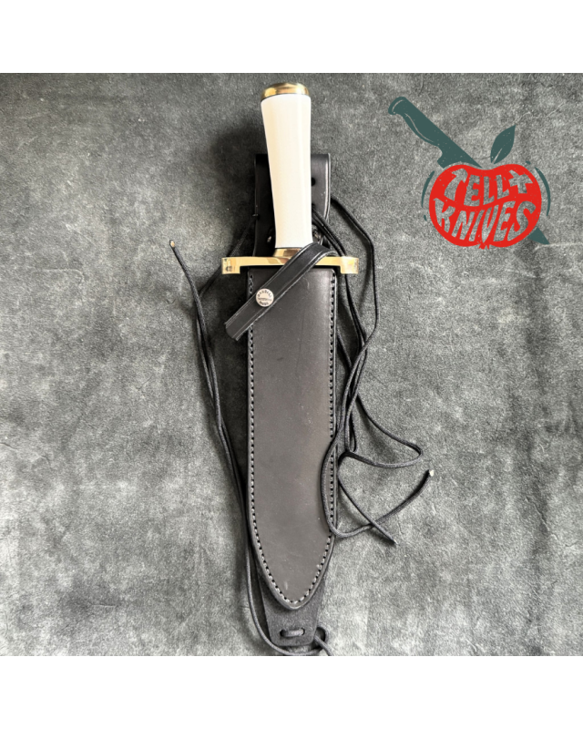 Randall Made Knives Model 12-9 Sportsman Bowie 14 grind forged carbon steel Ivorite handle brass guard black leather sheath