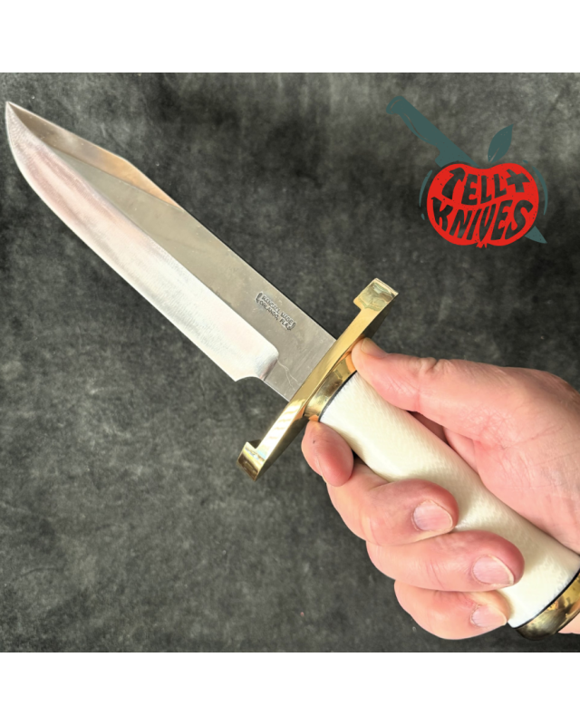 Randall Made Knives Model 12-9 Sportsman Bowie 14 grind forged carbon steel Ivorite handle brass guard black leather sheath