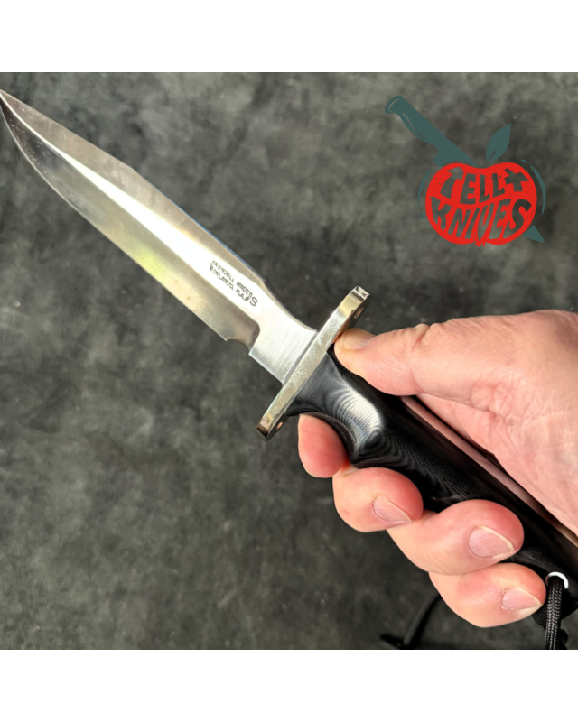 Randall Made Knives Model 16 SP1 Fighter forged stainless steel black micarta handle nickel silver guard black leather sheath