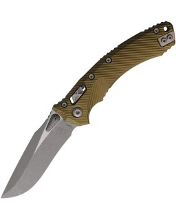 Microtech Amphibian Ram-Lok M390MK steel Apocalyptic finish fluted OD Green aluminium handle