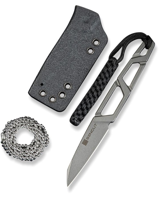 SENCUT TEXO Neck Knife Stonewash finish full tang 9Cr18MoV stainless steel black kydex sheath