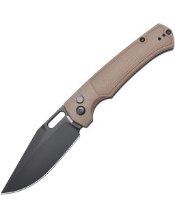 Artisan Cutlery Revel AR-RPM9 steel black PVD coated blade Button Lock Brown FRN handle