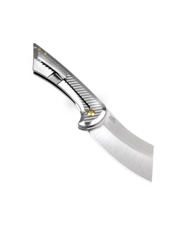 KIZER Cutlery Dawn S35VN steel stonewash finish cleaver blade shape Framelock Silver Titanium handle