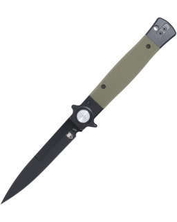 Cobratec Knives Stiletto VG-10 steel black finish Button Lock Black OD Green G10 handle Switzerland Legal