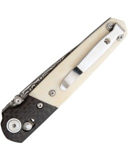 Bear & Son Lawman Damascus blade Slidelock CF bolsters White Bone handle