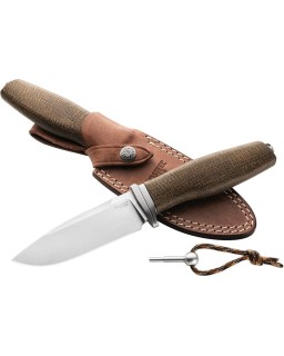 LionSteel ACHA fixed blade M390 premium steel satin finish blade green Micarta handle brown leather sheath