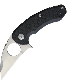Brous Blades SSF Silent Soldier Linerlock D2 tool steel satin finish Wharncliffe blade Black polymer handle Finger ring