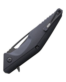 Brous Blades Division Linerlock D2 tool steel Acid Wash finish Spear Point blade Black polymer handle Flipper