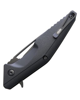 Brous Blades Division Linerlock D2 tool steel Blackout finish Spear Point blade Black polymer handle Flipper