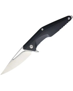 Brous Blades Division Linerlock D2 tool steel Satin finish Spear Point blade Black polymer handle Flipper