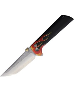 North Mountain Blade Chop2 SAN MAI Tanto SLD-Magic Steel Button Lock Hot Rod Flames G10 handle .45ACP thumb disk Flipper