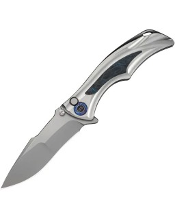 WEKNIFE Tighe Knife Satin Bohler M390 Blade Polished Silver Titanium Integral Handle Blue Carbon Fiber Inlay Button Lock