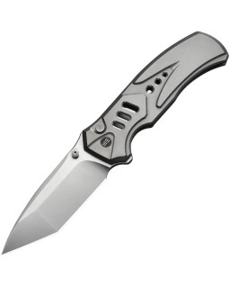 We Knife Co. Zentron Buttonlock M390 Premium Steel satin finish Tanto blade grey Titanium Handle