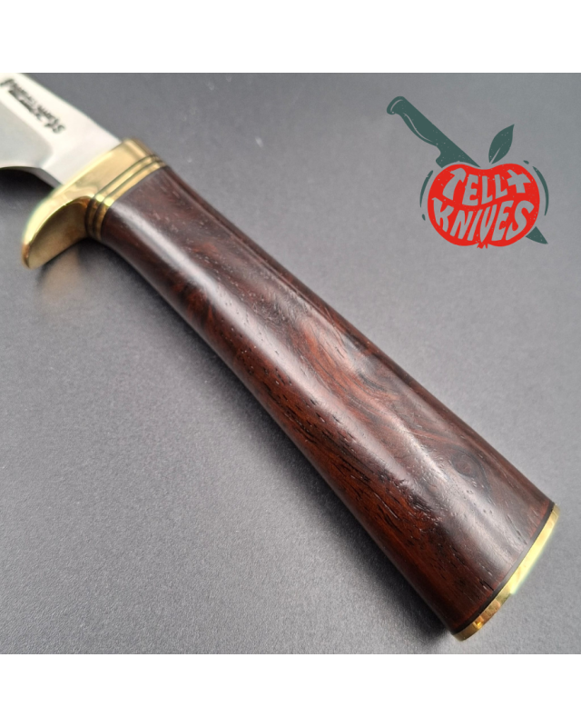 Randall Made Knives Model 8-4 forged stainless steel ironwood handle brass guard and pommel brown leather sheath