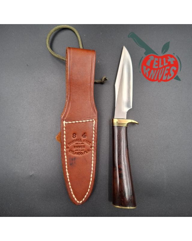Randall Made Knives Model 8-4 forged stainless steel ironwood handle brass guard and pommel brown leather sheath