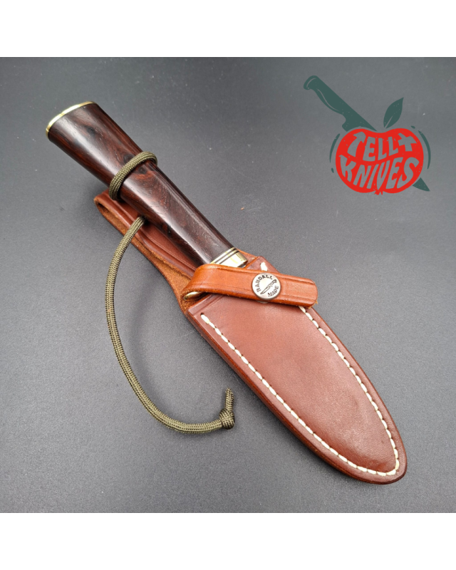 Randall Made Knives Model 8-4 forged stainless steel ironwood handle brass guard and pommel brown leather sheath