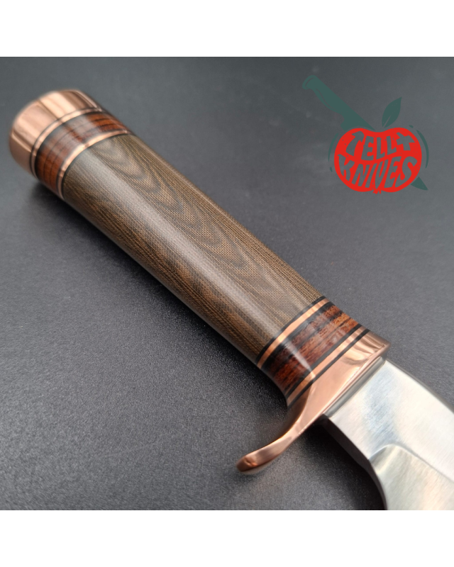 Randall Made Knives Model 27 Mini Copper forged stainless steel green micarta and stacked leather handle copper guard an