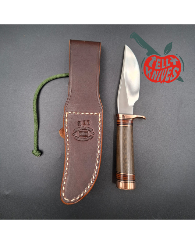 Randall Made Knives Model 27 Mini Copper forged stainless steel green micarta and stacked leather handle copper guard an