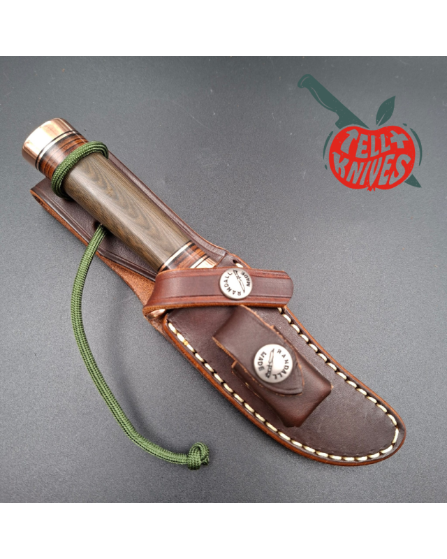 Randall Made Knives Model 27 Mini Copper forged stainless steel green micarta and stacked leather handle copper guard an