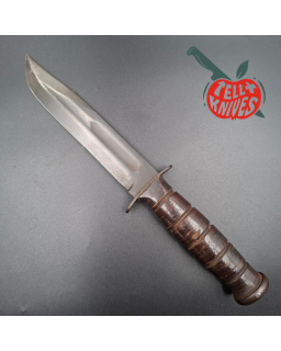 KABAR MK2 Fighting Knife WWII Era black carbon steel blade stacked leather handle gray plastic sheath