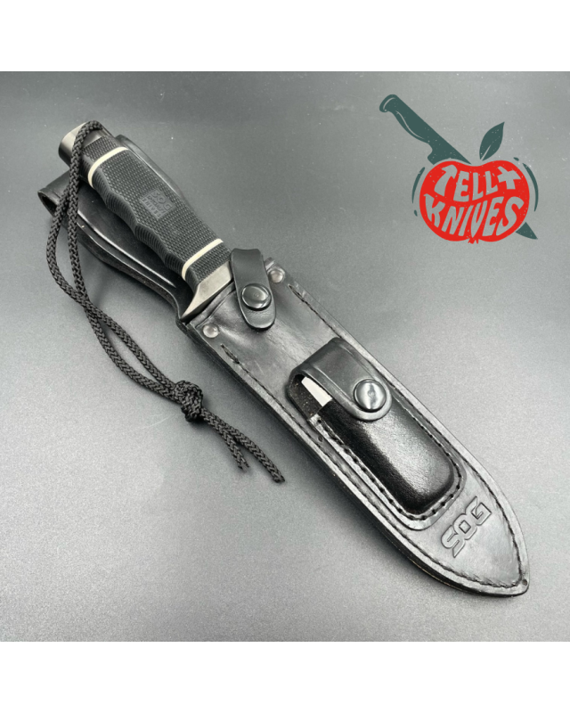 SOG Scuba Demo 2.0 fighting knife AUS-8 stainless steel Black TiNi finish black Kraton handle black leather sheath