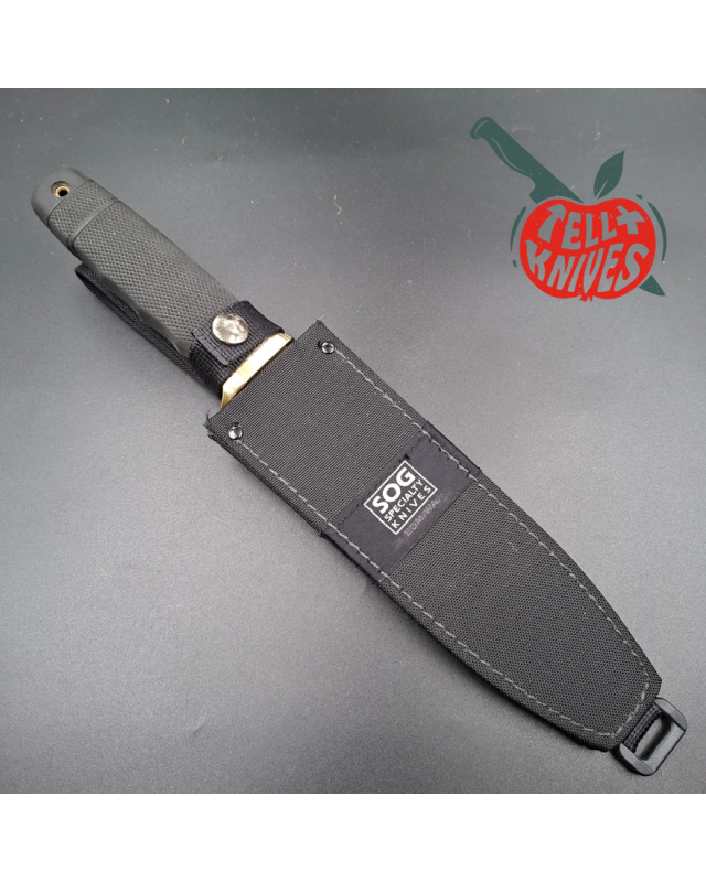 SOG Tech II SEKI JAPAN SK5 carbon steel blade satin finish brass guard Kraton handle Cordura sheath