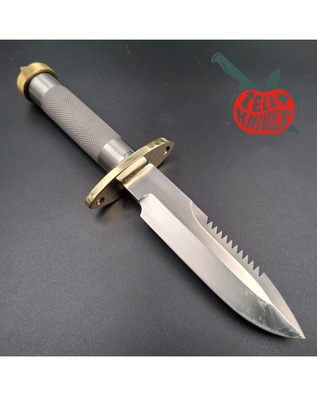 Randall Made Knives Model 18 5.5 forged stainless steel tubular handle brass guard brown leather sheath brass skull crus