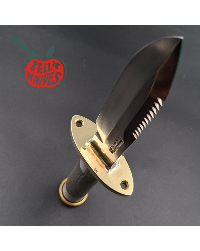 Randall Made Knives Model 18 5.5 forged stainless steel tubular handle brass guard brown leather sheath brass skull crus