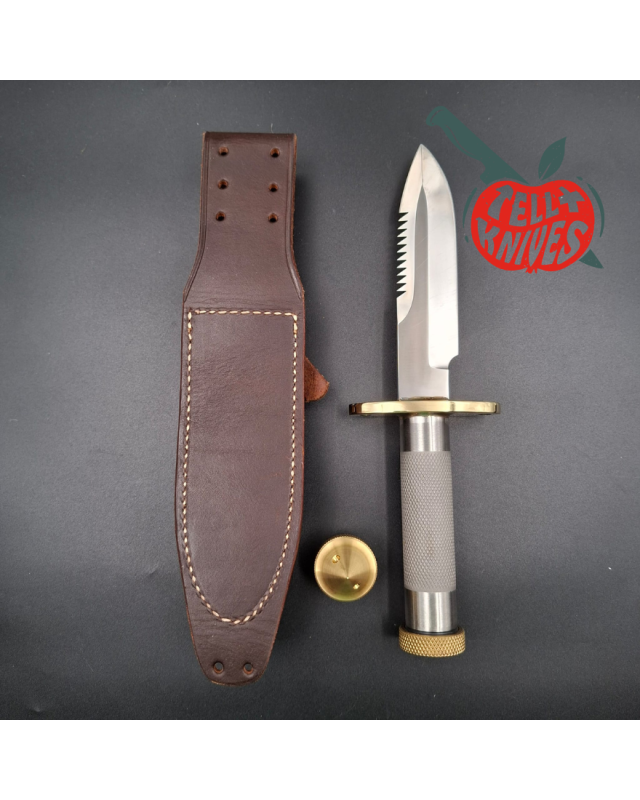 Randall Made Knives Model 18 5.5 forged stainless steel tubular handle brass guard brown leather sheath brass skull crus
