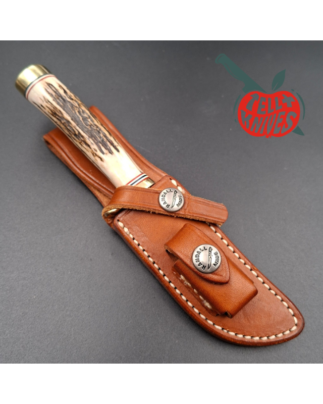 Randall Made Knives 2001 Model Mini 3 forged stainless steel stag handle brass guard brown leather sheath