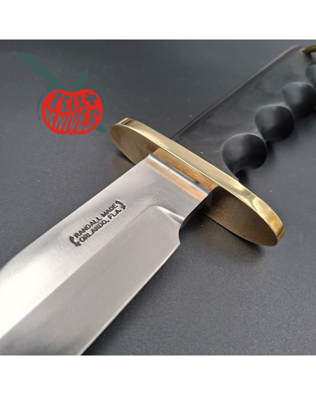 Randall Made Knives 1999 Model 14 - 7.5 full tang forged carbon steel brass guard black micarta handle brown leather she