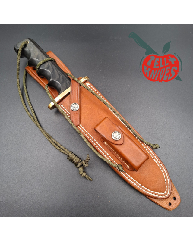 Randall Made Knives 1999 Model 14 - 7.5 full tang forged carbon steel brass guard black micarta handle brown leather she