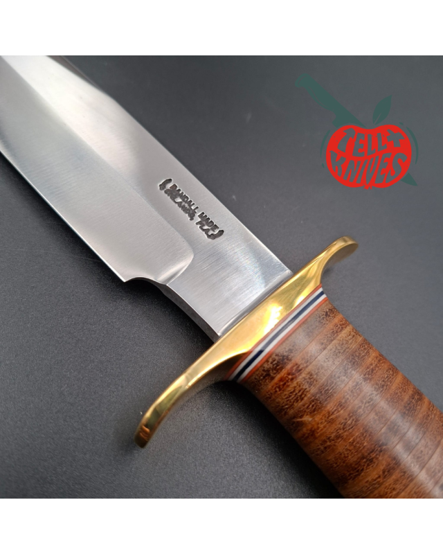 Randall Made Knives Model 14 - 7.5 forged carbon steel 1 brass guard stacked leather handle brown leather sheath