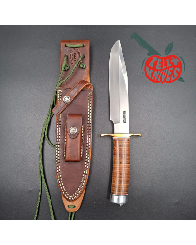 Randall Made Knives Model 14 - 7.5 forged carbon steel 1 brass guard stacked leather handle brown leather sheath