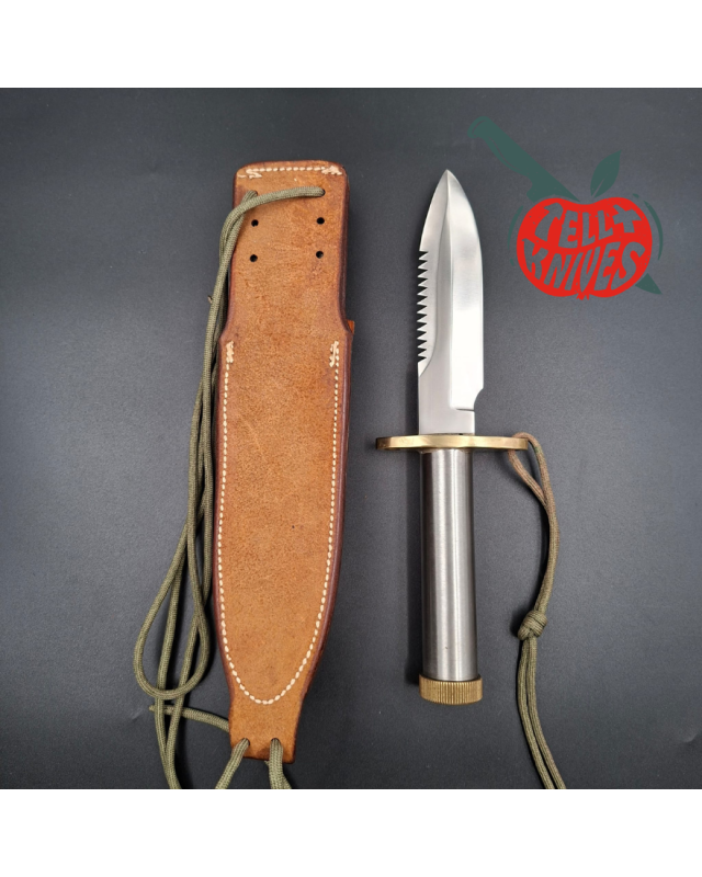 Randall Made Knives Vietnam Era Model 18 5.5 forged stainless steel tubular handle brass guard brown leather sheath