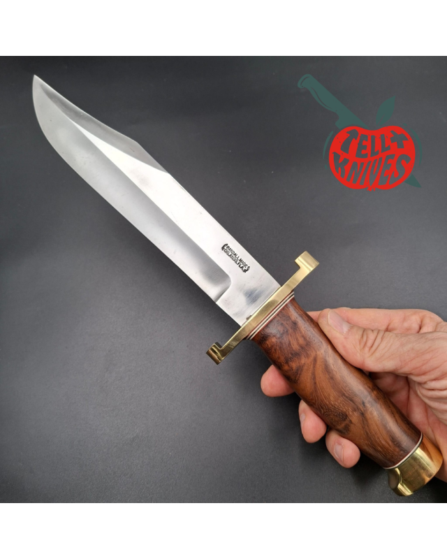 Randall Made Knives Model 12-9 Sportsman Bowie forged carbon steel walnut wood handle brass guard and pommel brown leather