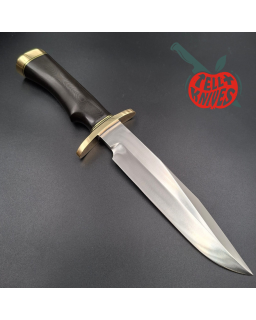 Randall Made Knives Model 14 - 7.5 forged carbon steel brass double forward curved hilt black micarta handle brown leath
