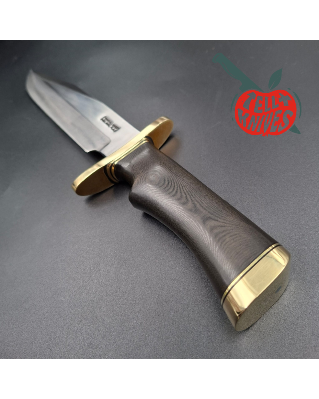 Randall Made Knives Model 14 - 7.5 forged carbon steel brass double forward curved hilt black micarta handle brown leath