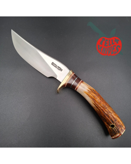 Randall Made Knives Model 27 Trailblazer forged stainless steel stag handle brass guard and pommel brown leather sheath