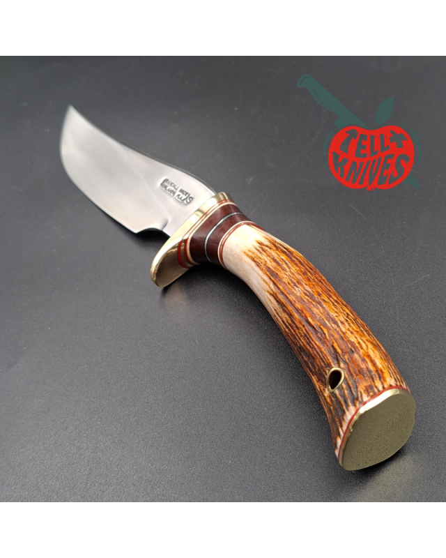 Randall Made Knives Model 27 Trailblazer forged stainless steel stag handle brass guard and pommel brown leather sheath