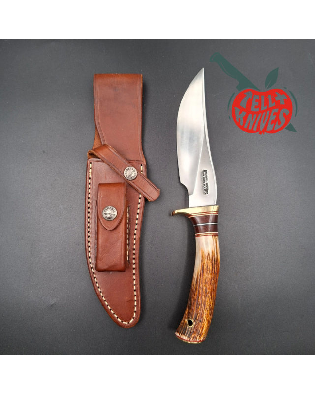 Randall Made Knives Model 27 Trailblazer forged stainless steel stag handle brass guard and pommel brown leather sheath