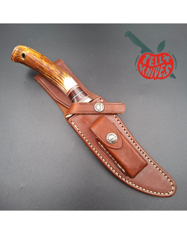 Randall Made Knives Model 27 Trailblazer forged stainless steel stag handle brass guard and pommel brown leather sheath