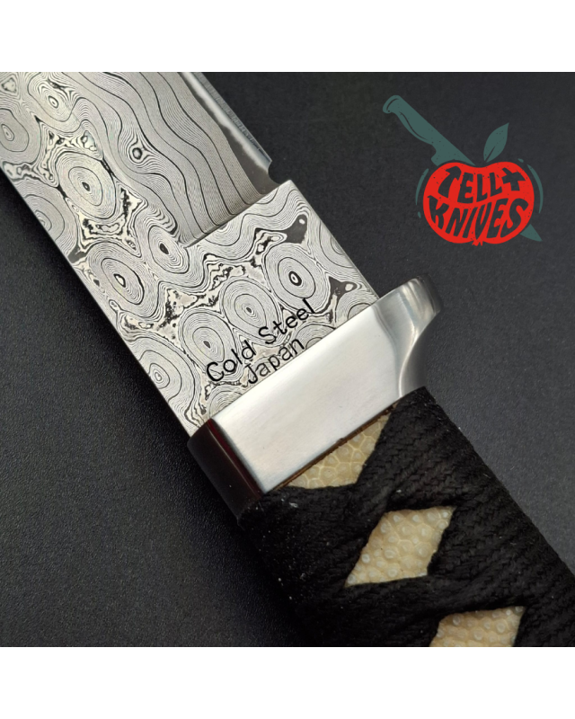 Cold Steel 1998 Imperial Tanto Full Tang Damascus Blade white rayskin handle black leather sheath made in Japan