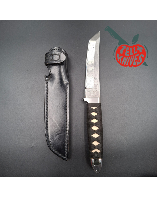 Cold Steel 1998 Imperial Tanto Full Tang Damascus Blade white rayskin handle black leather sheath made in Japan