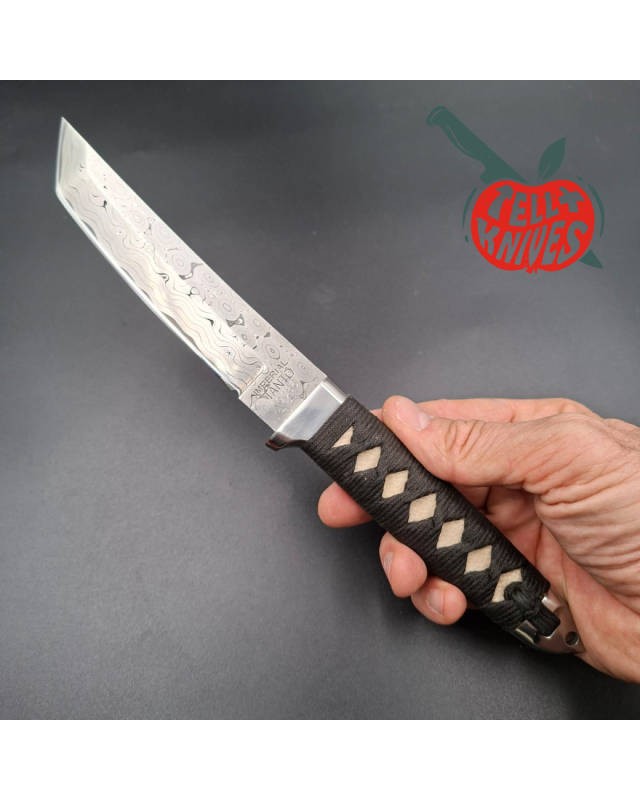 Cold Steel 1998 Imperial Tanto Full Tang Damascus Blade white rayskin handle black leather sheath made in Japan