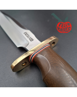 Randall Made Knives Model 1-6 sawteeth grind forged carbon steel brown micarta handle brass guard brown leather sheath