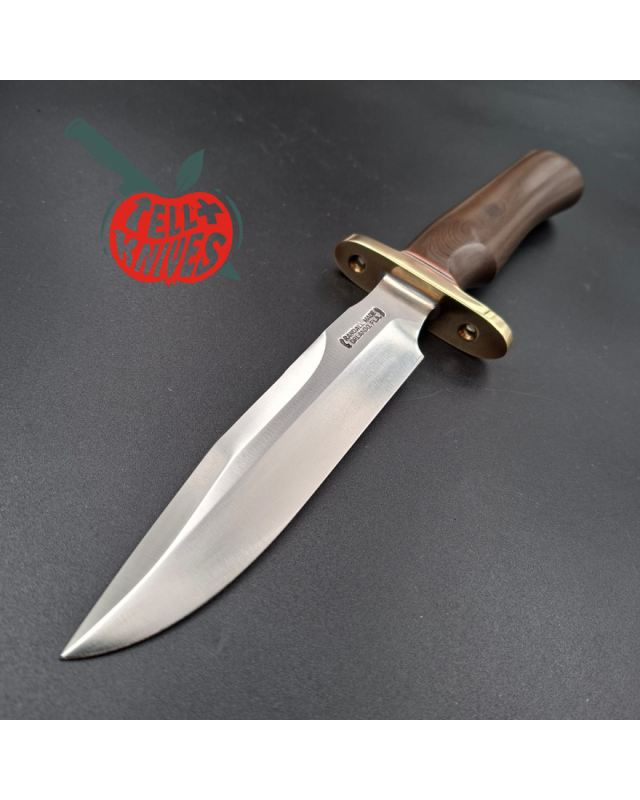 Randall Made Knives Model 1-6 sawteeth grind forged carbon steel brown micarta handle brass guard brown leather sheath