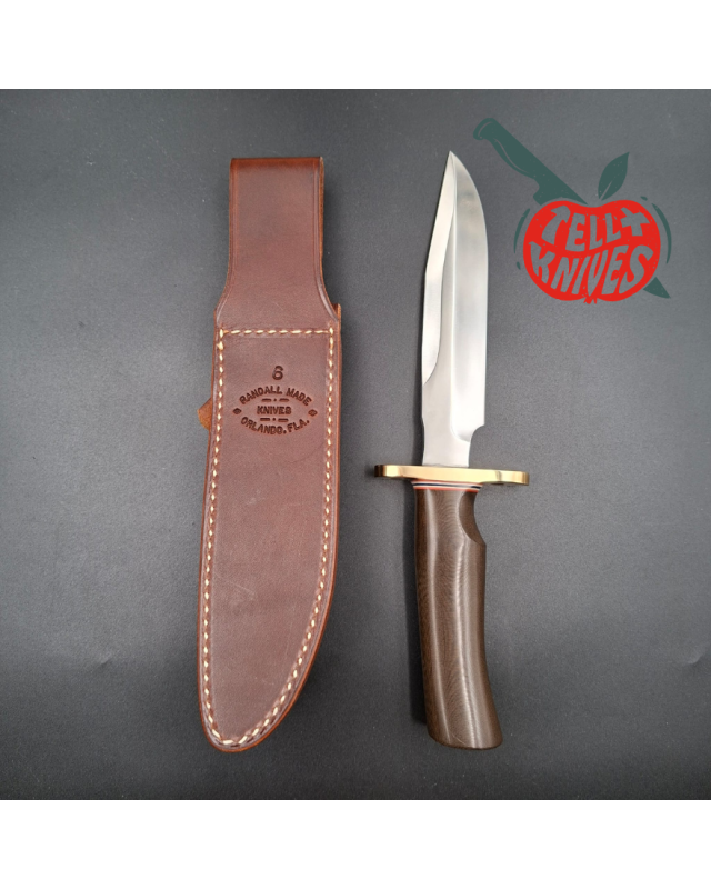 Randall Made Knives Model 1-6 sawteeth grind forged carbon steel brown micarta handle brass guard brown leather sheath